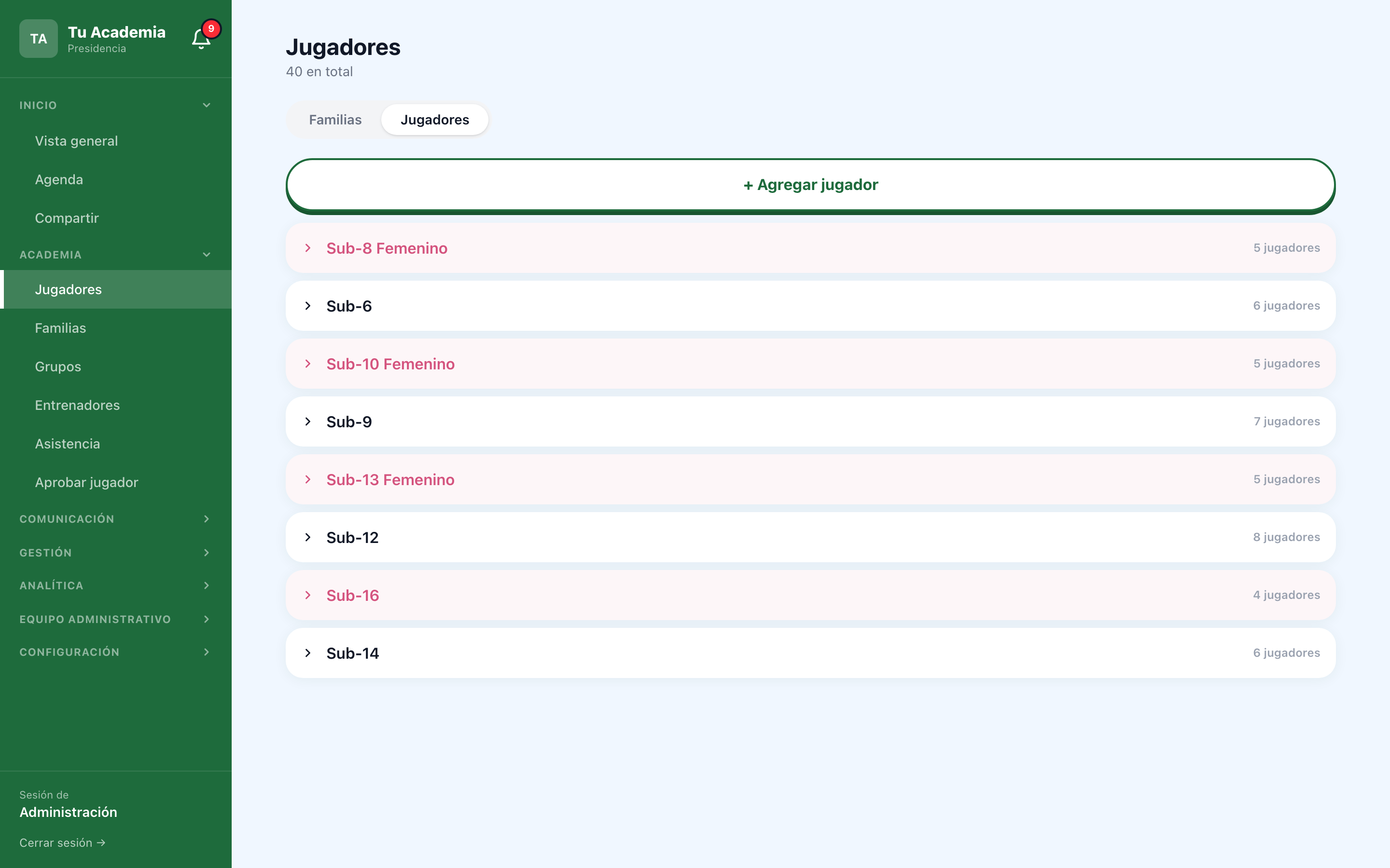 Base de datos de jugadores: grupo, género, nacimiento y exportación