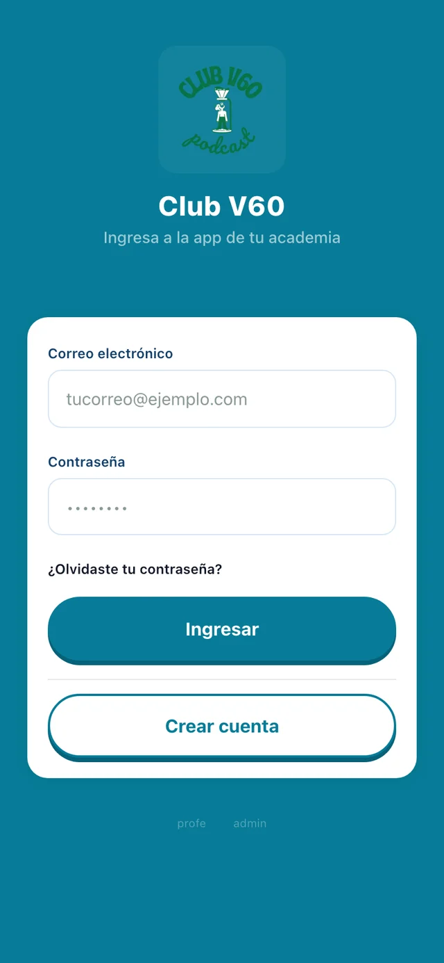 Pantalla de ingreso con el logo y el color de la academia
